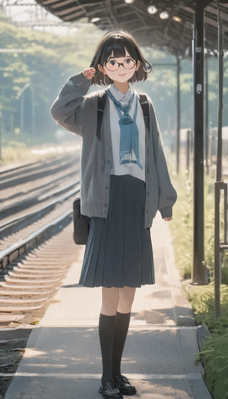 One Girl, Morning Clearance々Shi, Standing and waving, School Area, Rural Scenery, scenery, Round Glasses, School Cardigan, (Sleeves are longer than the wrist), Powerful loafers, Black ash two side up hair, Blunt bangs, Beautiful dark eyes, Black knee socks, Cinema Lighting, Upper Body, :3,Morning station, Unmanned station in the countryside, A humble station, Station platform