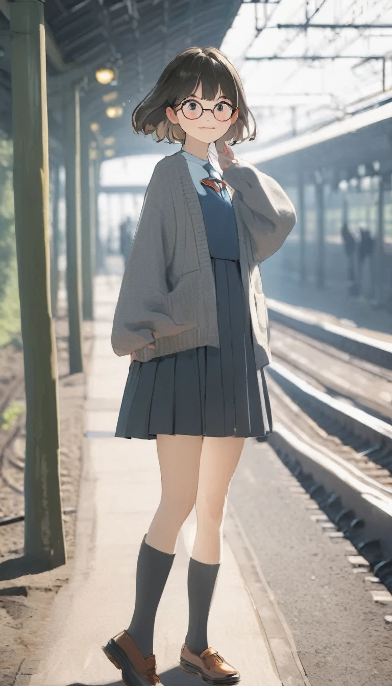 One Girl, Morning Clearance々Shi, Standing and waving, School Area, Rural Scenery, scenery, Round Glasses, School Cardigan, (Sleeves are longer than the wrist), Powerful loafers, Black ash two side up hair, Blunt bangs, Beautiful dark eyes, Black knee socks, Cinema Lighting, Upper Body, :3,Morning station, Unmanned station in the countryside, A humble station, Station platform
