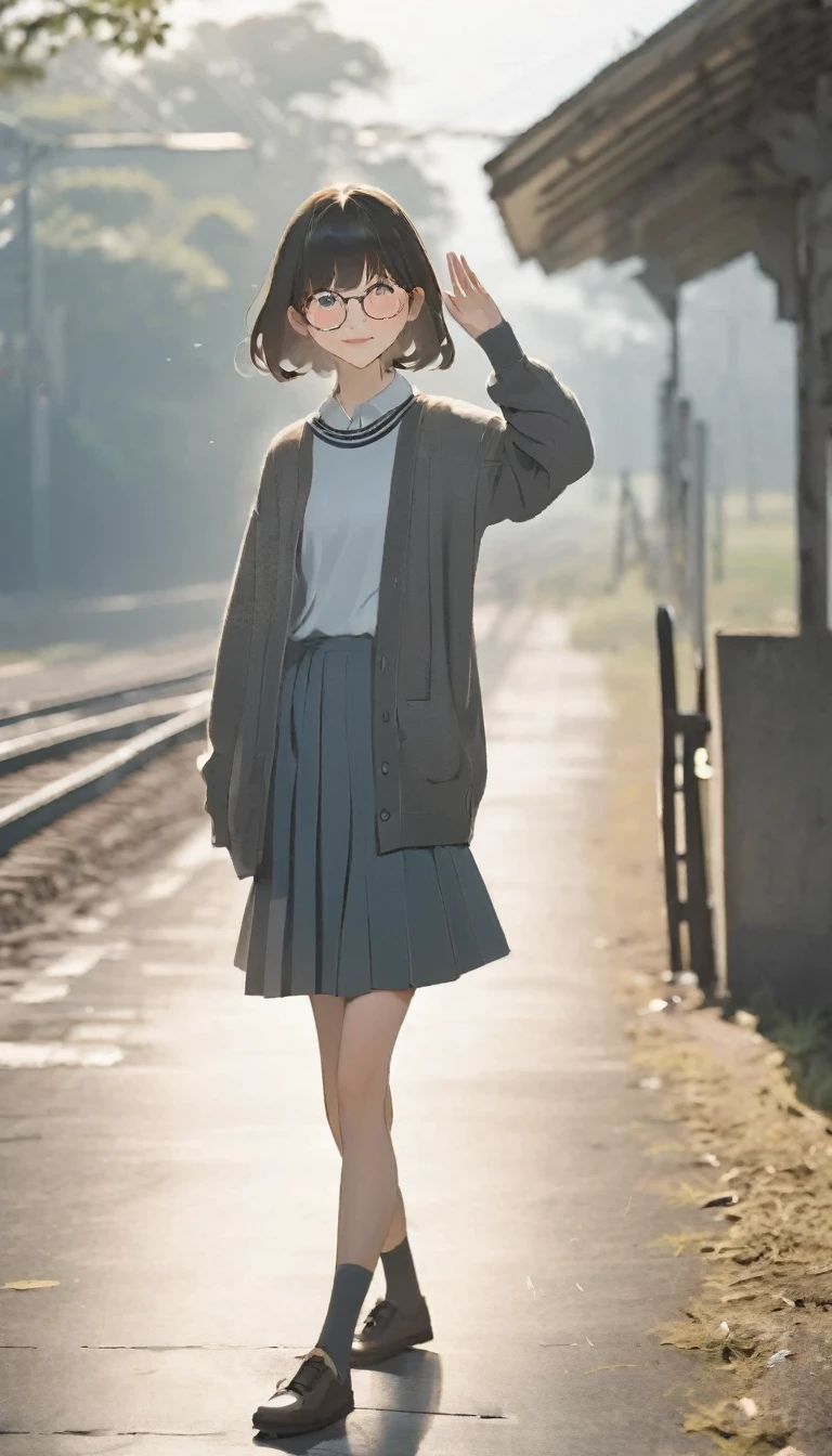 One Girl, Morning Clearance々Shi, Standing and waving, School Area, Rural Scenery, scenery, Round Glasses, School Cardigan, (Sleeves are longer than the wrist), Powerful loafers, Black ash two side up hair, Blunt bangs, Beautiful dark eyes, Black knee socks, Cinema Lighting, Upper Body, :3,Morning station, Unmanned station in the countryside, A humble station, Station platform