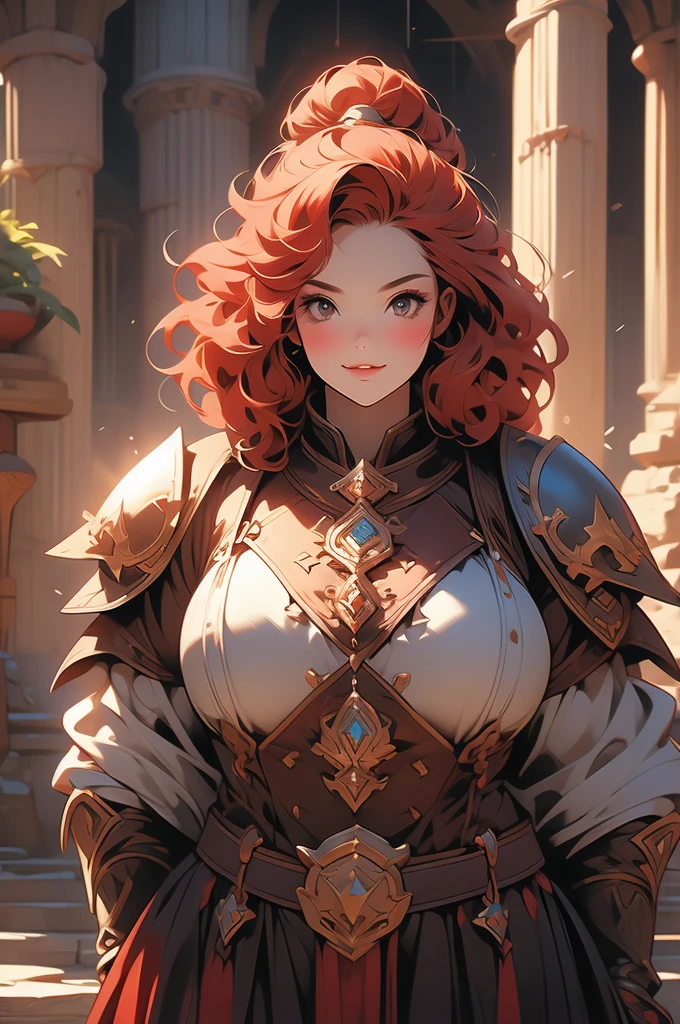 1girl, shortstack, plump, dwarf, looking up at viewer, short red hair, sassy smirk, leather armor, stone floor, darkness, ruins