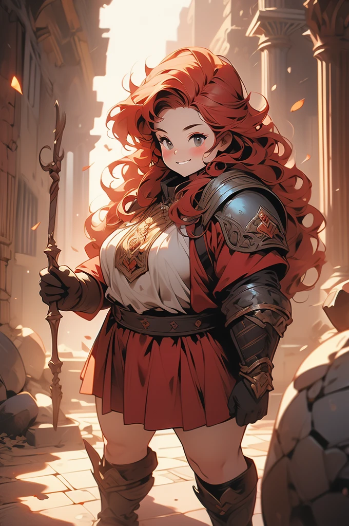 1girl, shortstack, plump, dwarf, looking up at viewer, short red hair, sassy smirk, leather armor, stone floor, darkness, ruins
