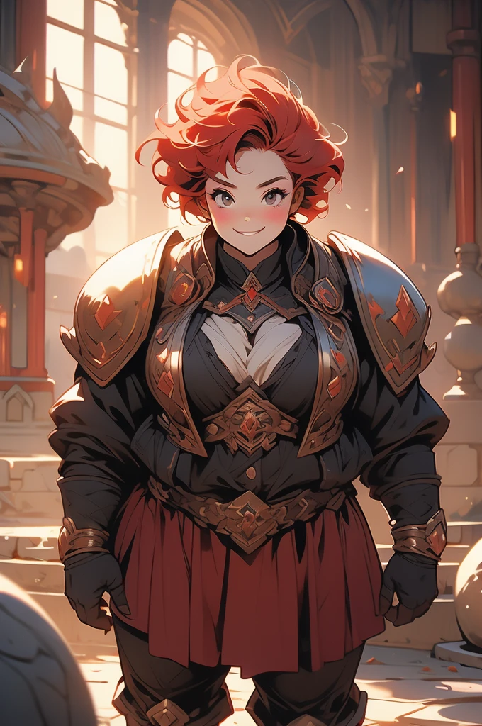 1girl, shortstack, plump, dwarf, looking up at viewer, short red hair, sassy smirk, leather armor, stone floor, darkness, ruins