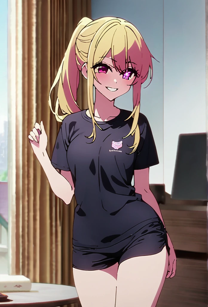 Blonde、Highest quality、high resolution、8K,Highest quality、Star-shaped pupil、The best smile、long hair、Pink Eyes、ponytail、Cowboy Shot、One person、ヒップホップダンス