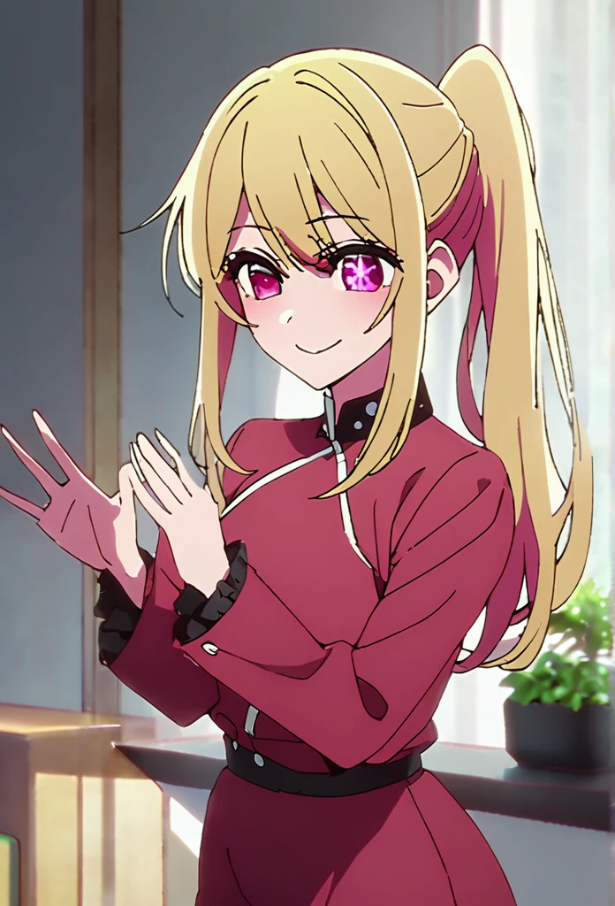 Blonde、Highest quality、high resolution、8K,Highest quality、Star-shaped pupil、The best smile、long hair、Pink Eyes、ponytail、Cowboy Shot、One person、ヒップホップダンス