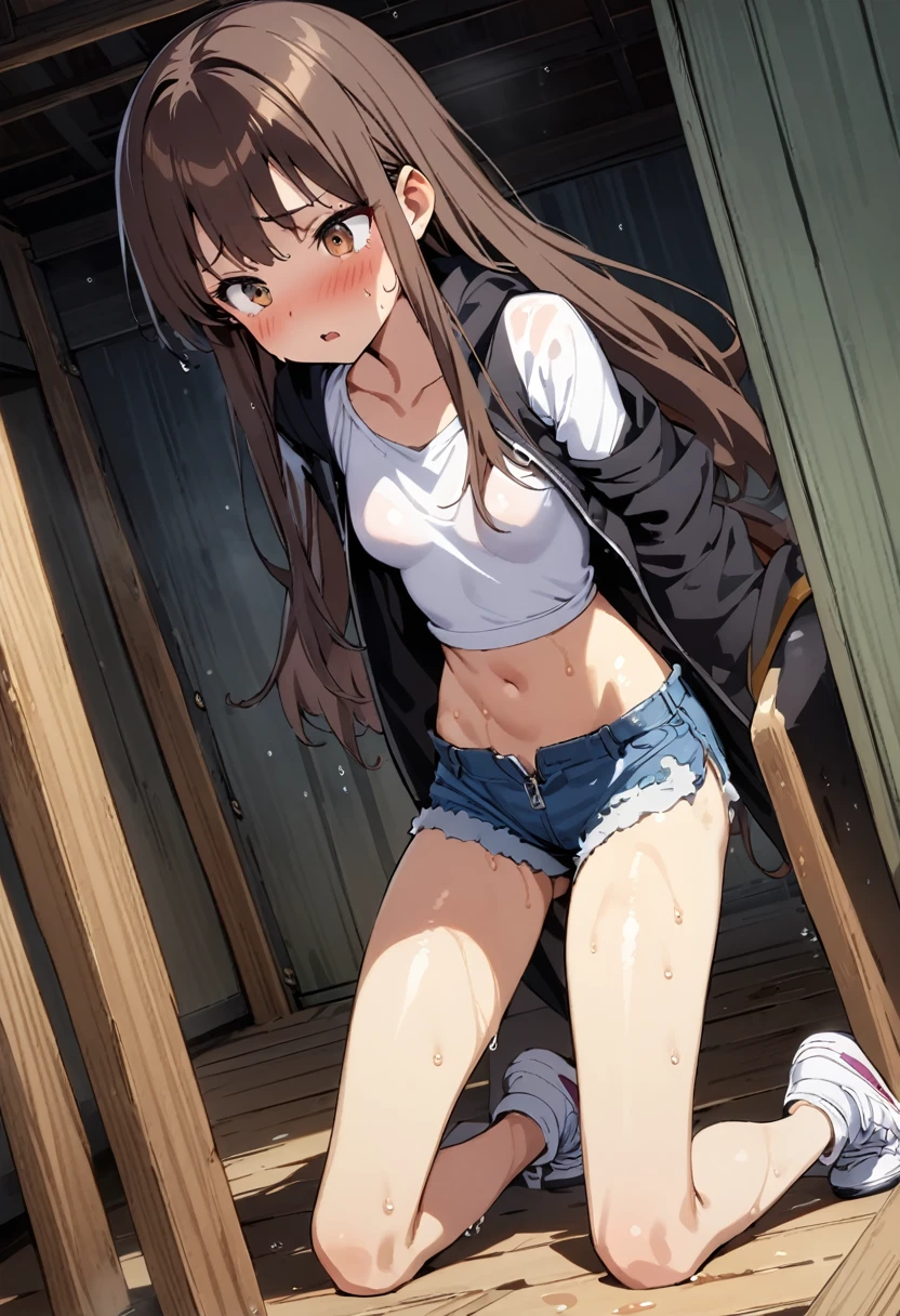 ((masterpiece,Highest quality;1.3,best illustration)),before rape,cowboy shot,1woman、独奏,25 year old beauty,((very small head:1.5)),dark brown hair,long hair,bangs,brown eyes,gorgeous eyes,blush,Scared,small breasts,((very long body:1.3)),((toned body,slender body,skinny)),gleaming skin,shiny skin,oily skin,(wet,Black zip-up hoodie outer jacket、White tight T-shirt、denim micro shorts)、White sneakers、kneeling,Inside the storage shed、at night、