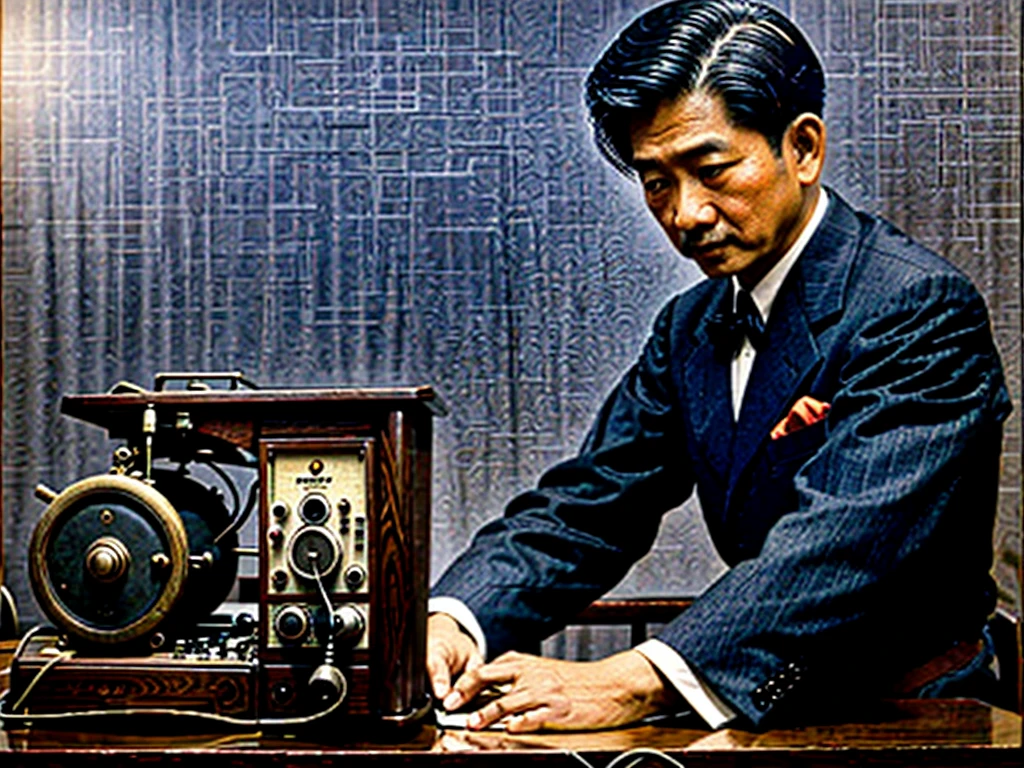 In 1949,China,Shanghai,Radio Station Office,Dim light,(The desk is filled with telegraph machines)。Several employees are working hard,One of the middle-aged men,30 years old,Wearing an old-style Zhongshan suit,The expression is firm,We are discussing with employees how to respond to the government's orders,((They were surrounded by radio equipment.)),In the background you can see some circuit diagrams on the wall。high detail, cinematic lighting, film grain, god rays, anatomically correct, high quality