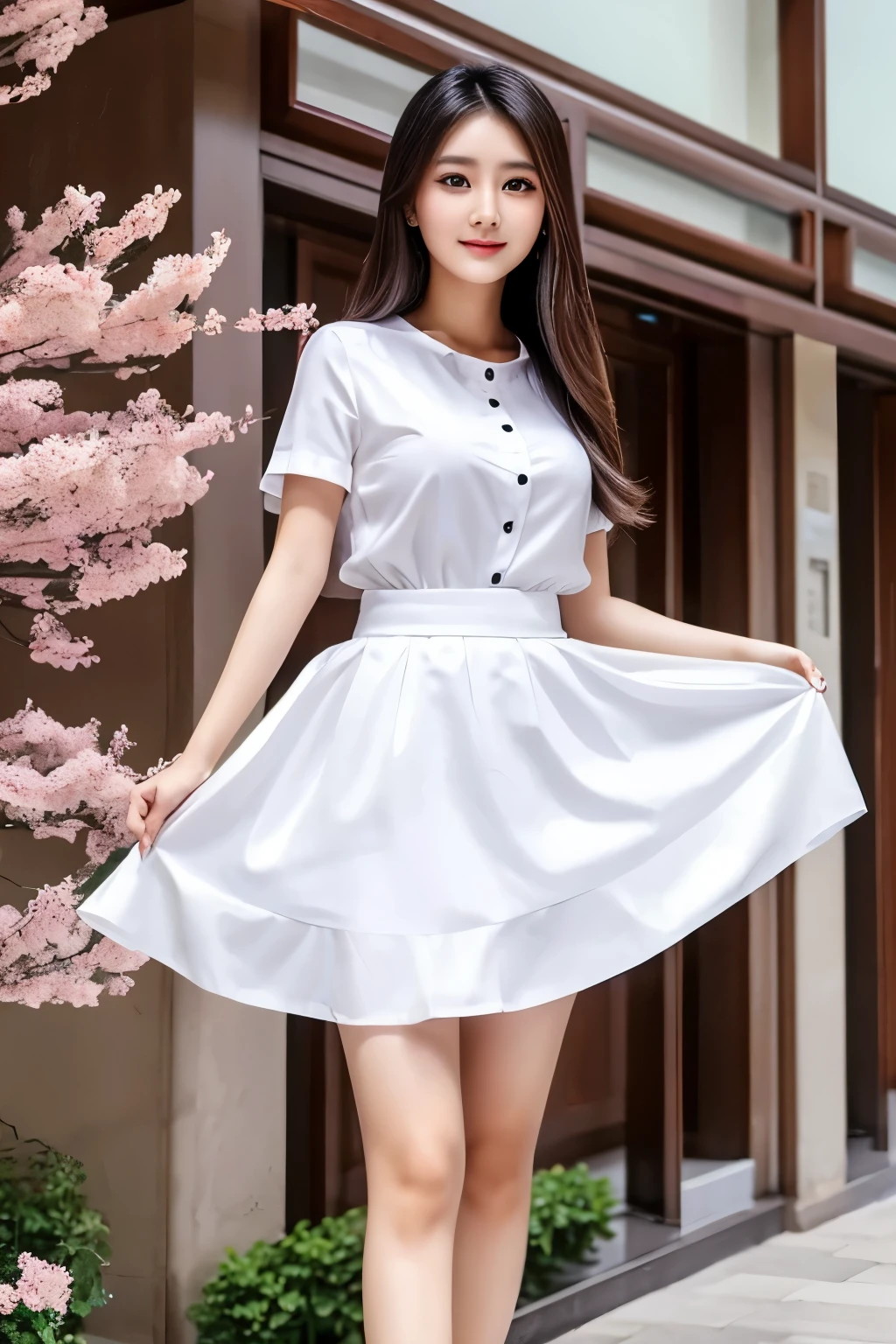 Beautiful asian woman,Have beautiful big eyes,long hair,A 26-year-old tall woman wearing a white gauze skirt,The background is the world of the future,Have good quality,