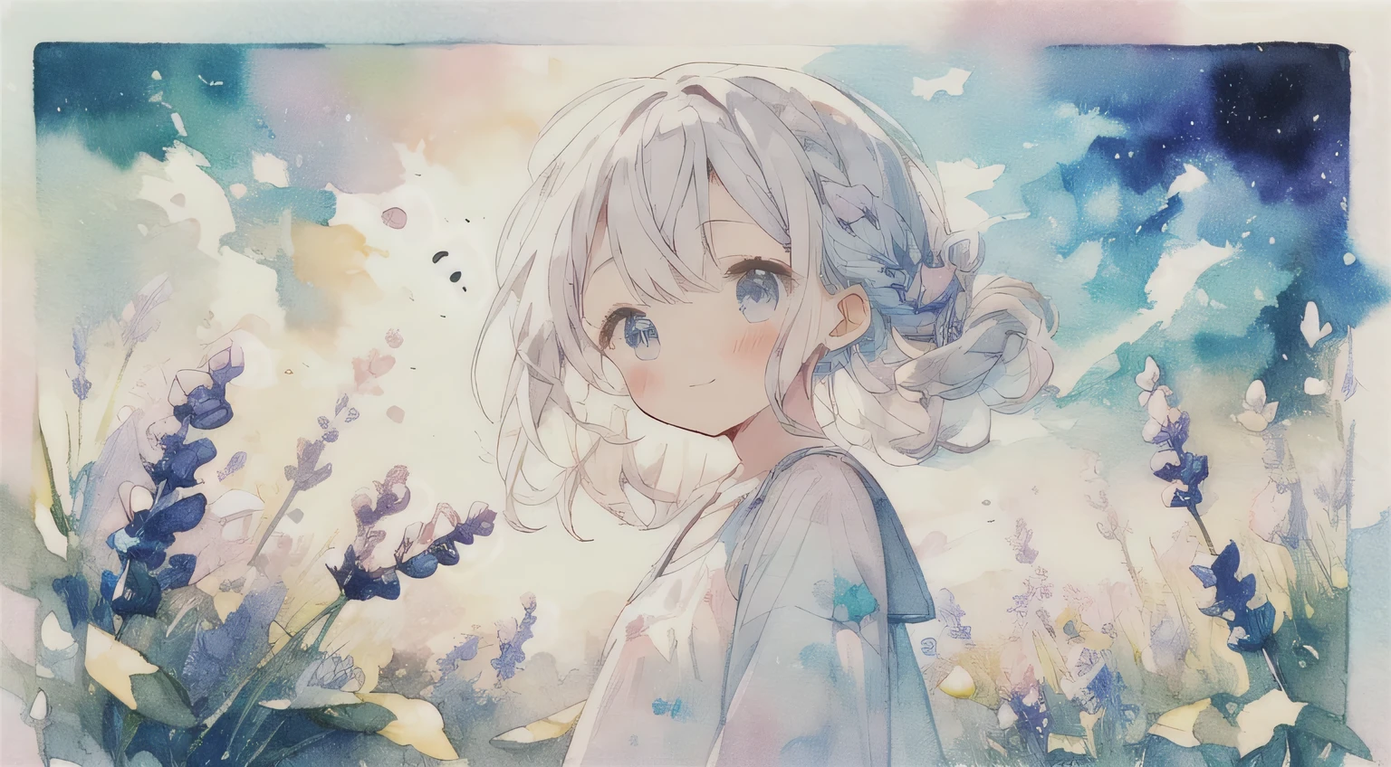 (pastel color:1.5), (Cute illustrations:1.5), (watercolor drawing:1.2), Pop color tones, bright tone, ((upper body)), Lavender field, Lavender as far as the eye can see, small Lavender, from below, smiling face, calm atmosphere
