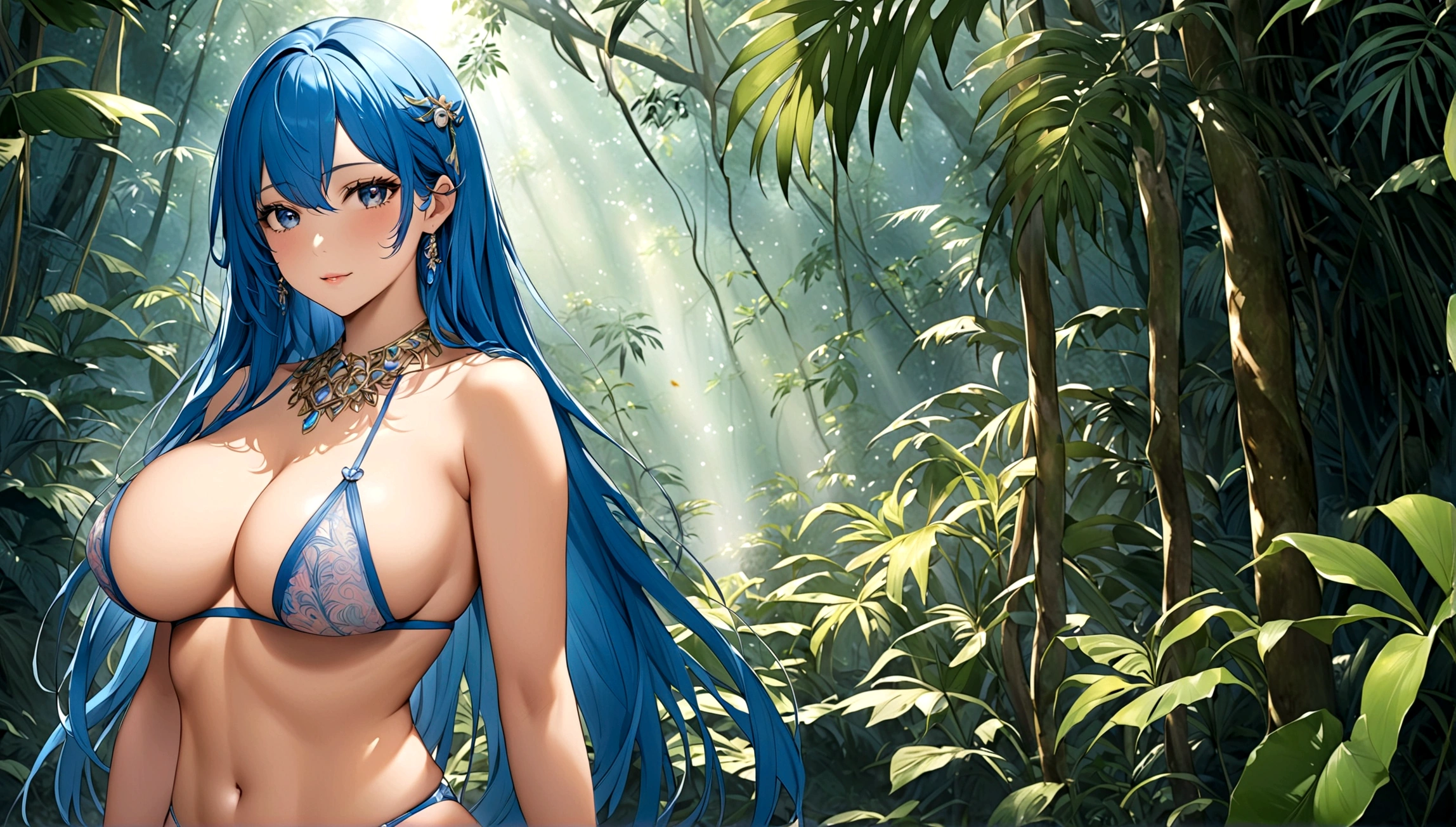 In the jungle、One girl, Idol, close, clavicle, photograph, movie, Depth of written boundary, Skin Texture, Blue long hair, Big Breasts、Tiny underwear、whole body、