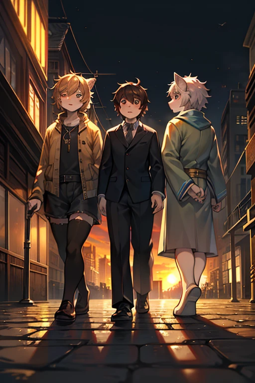 During a day,sunset,fantasy,a Beatles-inspired group of four people wark across a crosswalk, reminiscent, reminiscent of the Abbey Road album cover. BREAK Each of the four individuals is dressed differently, walking in タイル. BREAK Car and buildings surround them, atmosphere.Break masterpiece,ultra quality,best quality,ultra detailed,super detailed,super fine illustration,8k,8k quality,in 8k,8k background,beautiful background,anime style,artistic,perfect face,perfect hands,