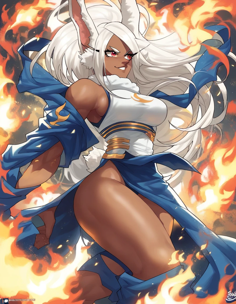 score_9, score_8_up, score_7_up, 2D, EchoSaber, 1girl, depth of field, raw, intimate shot, rumi usagiyama, dark skinned female, ((glowing particles, flames)), large perfect breasts,