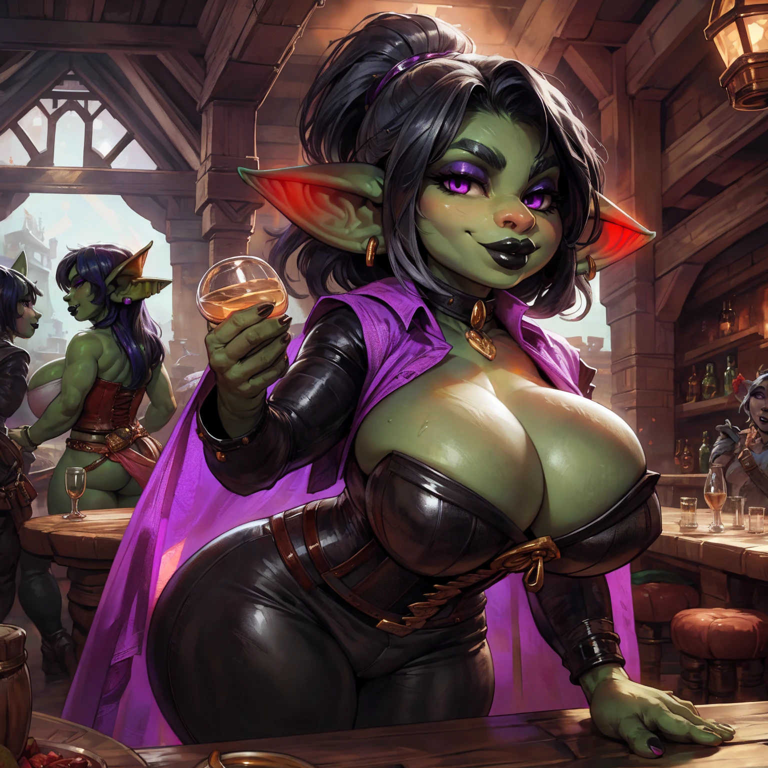 by darkgem, solo, 1girl, goblin, female, older woman, (purple eyes), slender face, plump, curvy, voluptuous, (black hair:1.1), (silver streaks in hair:1.2), (green skin:1.2), (large breasts), (heavy breasts:1.2), milf, black corset, leather pants, cleavage, Masterpiece, best quality, absurd res, highly detailed, tavern environment, seductive smile, big lips, black lipstick, eyeshadow, standing upright, casual pose, hands on table, short, shortstackbt