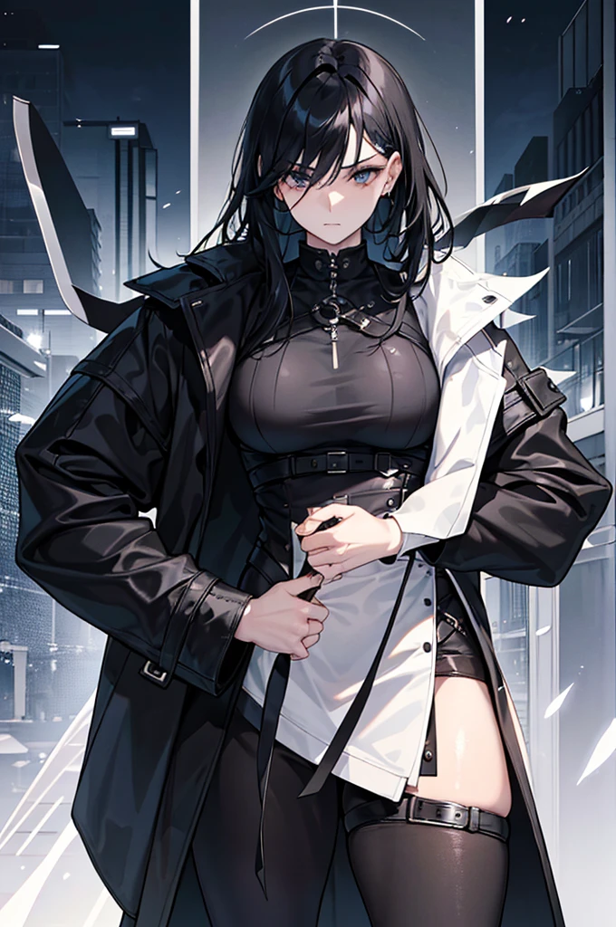a man with an imposing physique, often described as charismatic and intimidating. He has black hair, thick and slightly wavy, framing a face with marked and angular features. His piercing black eyes always seem to analyze his environment with calculated coldness. Her fair skin contrasts sharply with her clothing, which usually consists of dark, functional outfits, such as a black coat which adds to her aura of mystery. He stands straight, with impeccable posture, reflecting unwavering discipline and confidence.