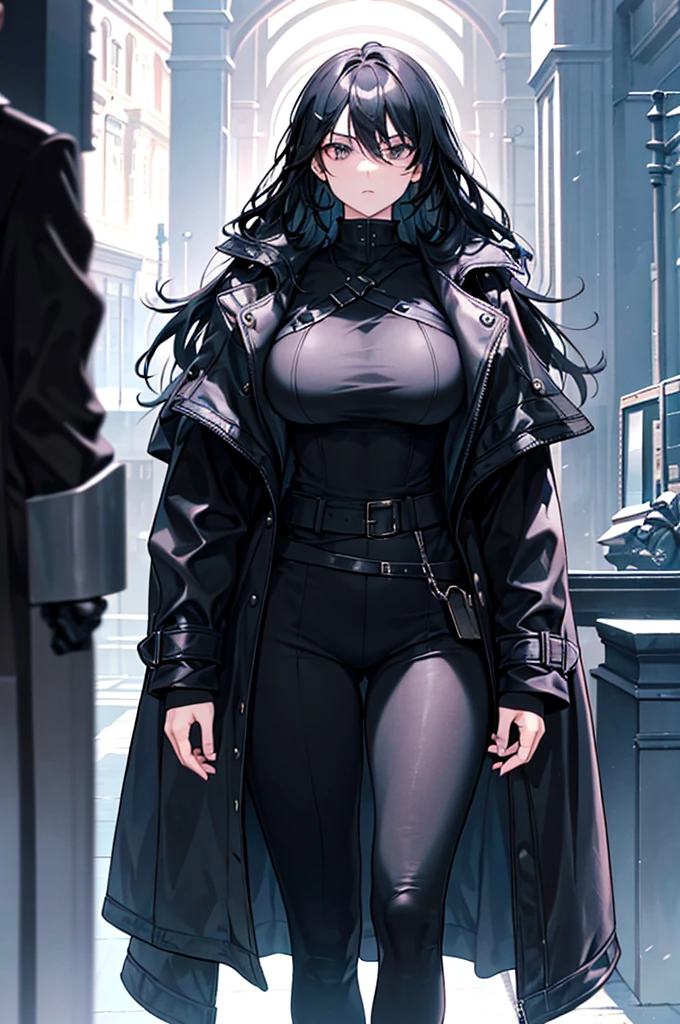 a man with an imposing physique, often described as charismatic and intimidating. He has black hair, thick and slightly wavy, framing a face with marked and angular features. His piercing black eyes always seem to analyze his environment with calculated coldness. Her fair skin contrasts sharply with her clothing, which usually consists of dark, functional outfits, such as a black coat which adds to her aura of mystery. He stands straight, with impeccable posture, reflecting unwavering discipline and confidence.