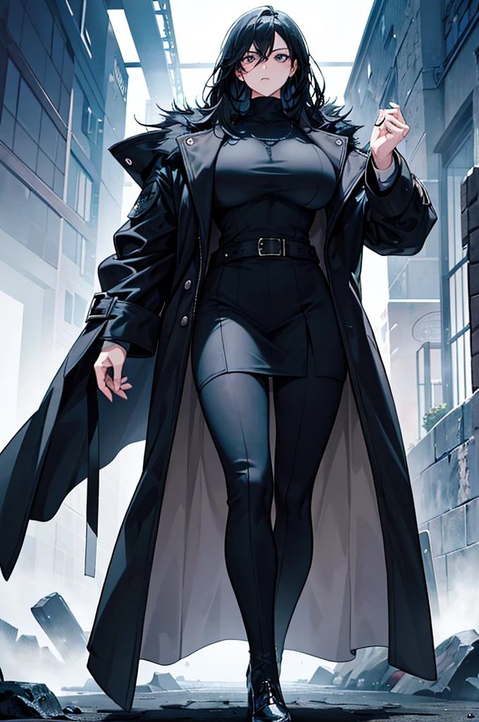 a man with an imposing physique, often described as charismatic and intimidating. He has black hair, thick and slightly wavy, framing a face with marked and angular features. His piercing black eyes always seem to analyze his environment with calculated coldness. Her fair skin contrasts sharply with her clothing, which usually consists of dark, functional outfits, such as a black coat which adds to her aura of mystery. He stands straight, with impeccable posture, reflecting unwavering discipline and confidence.
