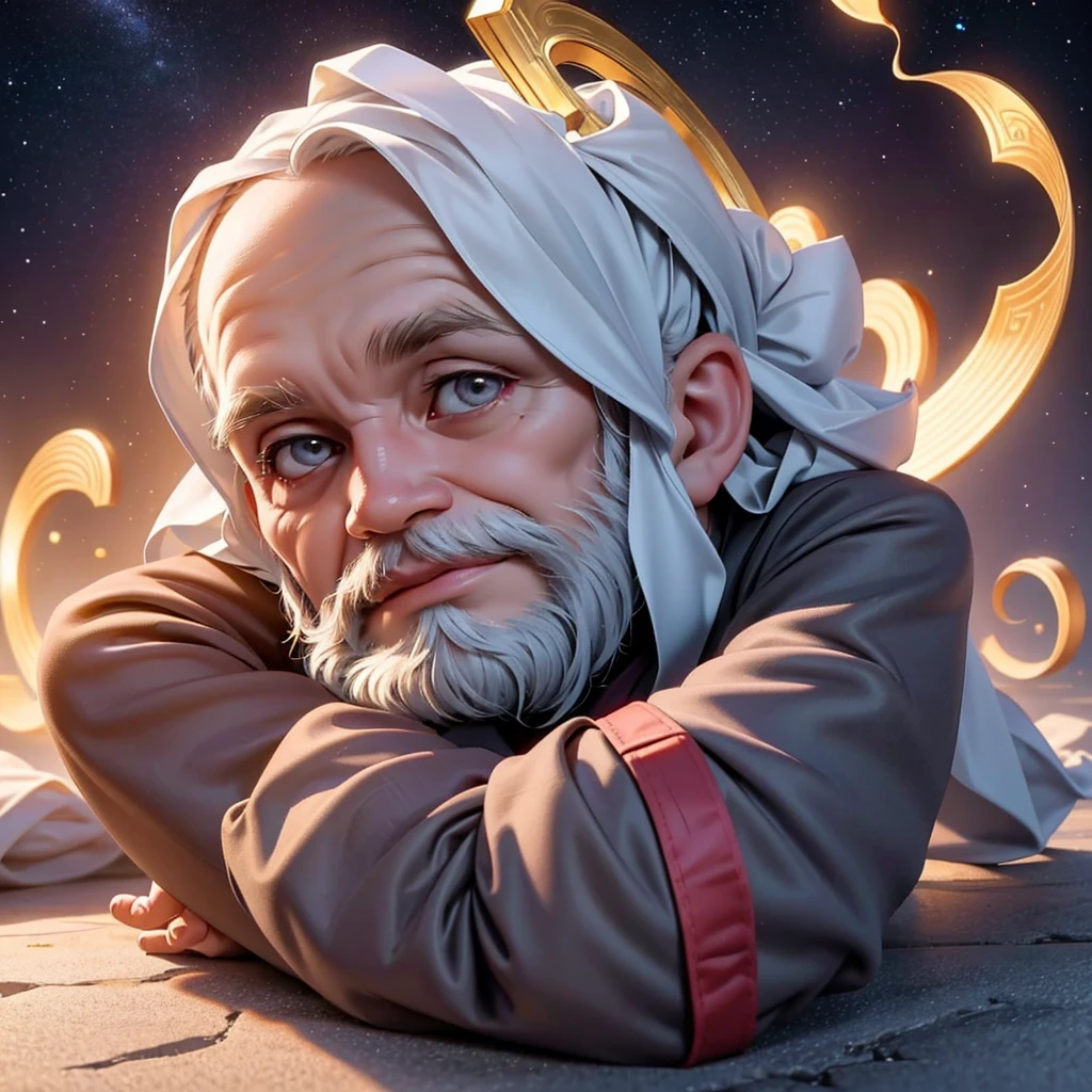 A wise old man, long beard, a halo of cosmic energy over your head, sitting in a meditation position, looking directly at camera, cosmic scenery exhausting divine energy across the universe
