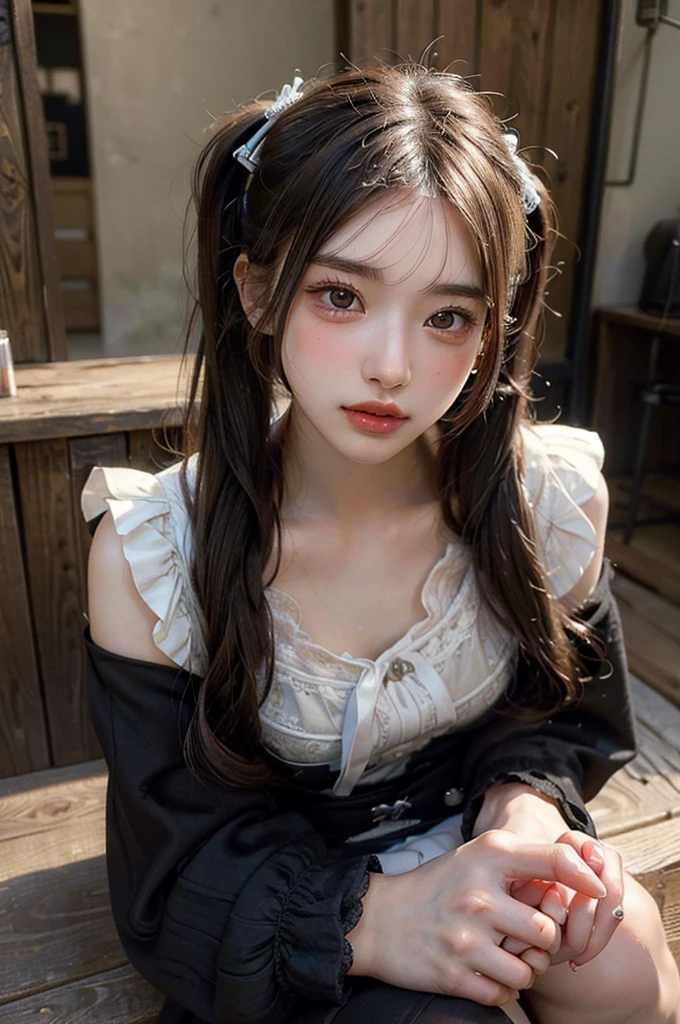 (Highest quality, masterpiece:1.3), ((Beautifully detailed face)), beautifully detailed skin, Intricate details, Very detailed, Best image quality in 8K, (18-year-old girl),Japanese Girls,Baby Face,(Detailed Hair,Twin tails:1.4,Black Hair),Detailed lips,Open your mouth,blush,Embarrassing,Realistic Face,Realistic Skin,(sexy:2.0,Clothes are disheveled),(Vibrant Skin,Moisturized Skin:1.2),Vivid lips,Lip gloss,The whole body is shown