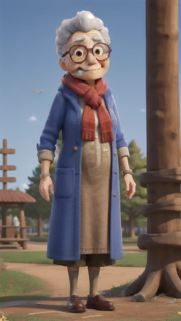 masterpiece, best quality, an old woman with glasses and a scarf on, wearing a blue coat and red scarf, standing at the park