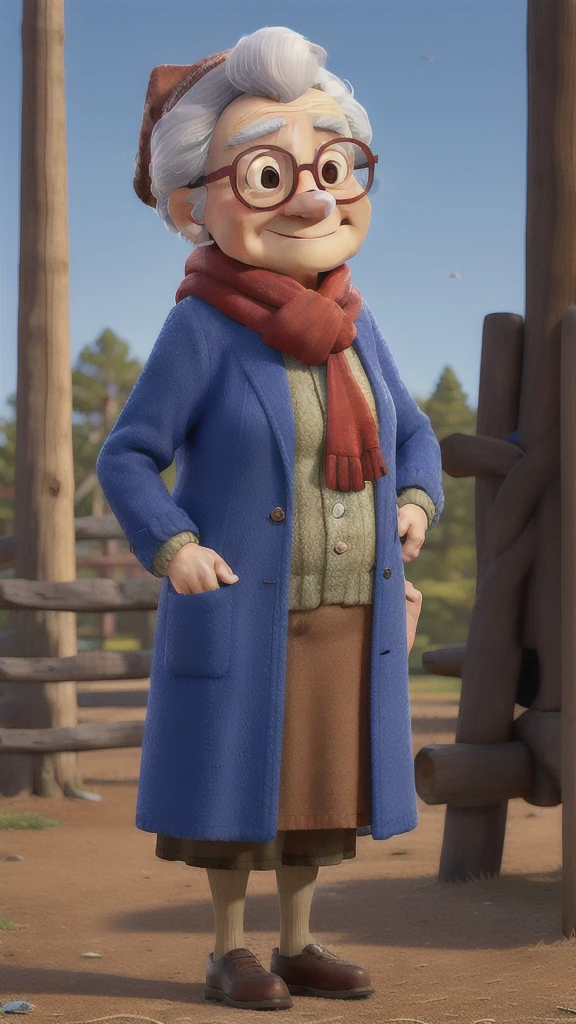masterpiece, best quality, an old woman with glasses and a scarf on, wearing a blue coat and red scarf, standing at the park