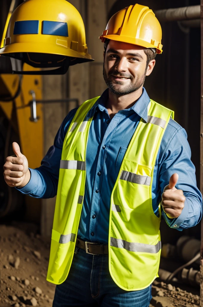 Mining worker with safety vest, with blue helmet, with long sleeve shirt, with the right hand with the thumb up