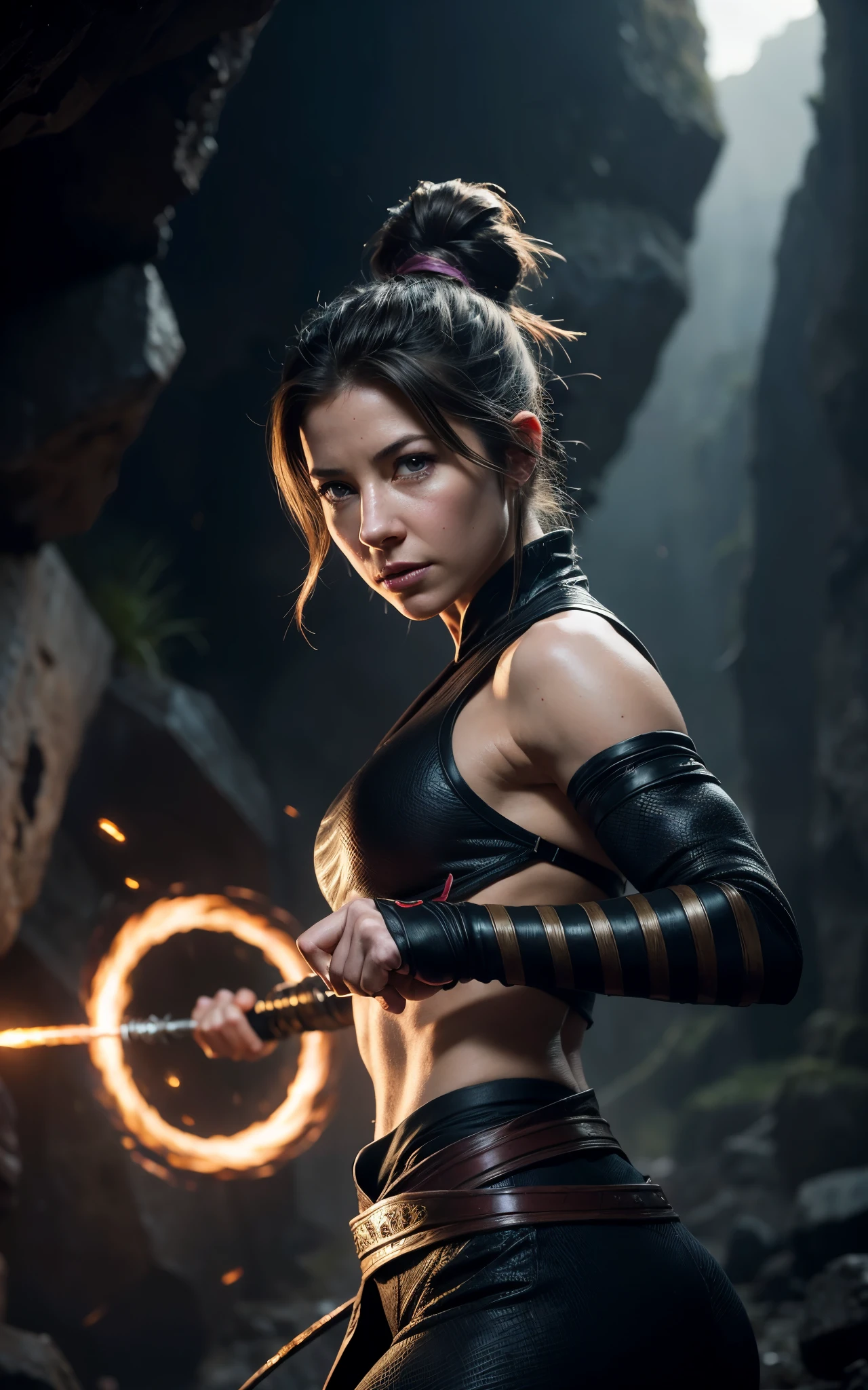 (Emily rudd:Evangeline Lilly) kunoichi coming out of a magical portal of darkness, hyperdetailed, trending on artstation, daggers in the hands, (perfect hands), hair up in a bun, action pose, anime waifu style, By David Benzal, fitness body, dark fantasy background, hdr,8k,
