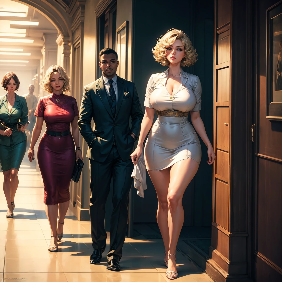 a woman, 1girl, gold retro curl cut hair, big breasts, green eyes, happy face, sexy white short nurse outfit, full body, walking, hospital, incredibly sexy body, detailed face, beautiful detailed eyes, beautiful detailed lips, extremely detailed eyes and face, long eyelashes, intricate details, highly detailed, photo realistic, 8k, best quality, masterpiece, cinematic lighting, dramatic lighting, vibrant colors, fantasy, digital art, concept art