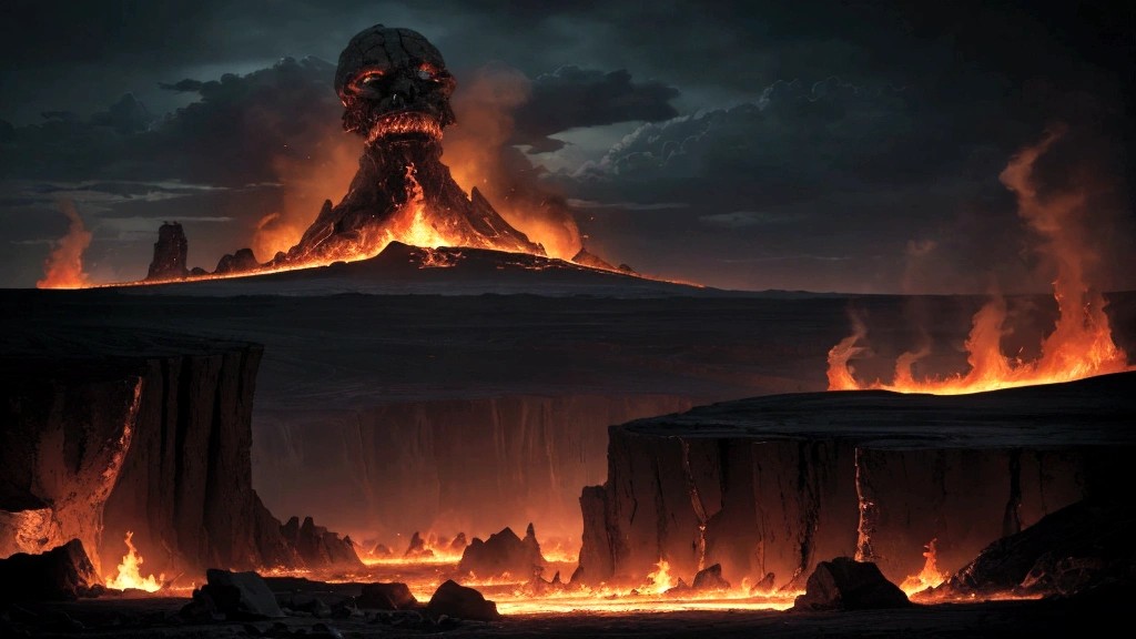 "A desolate and fiery landscape where jagged rocks and molten lava dominate the horizon. Flames lick the sky, casting an eerie glow over the scene. Souls of varying appearances, depicted in anguish and torment, are surrounded by symbols of judgment and despair. Sinister figures oversee the damned, illustrating the consequences of sin and the final judgment as described in biblical texts. The atmosphere is oppressive and foreboding, symbolizing Hell as a place of eternal punishment and separation from God."