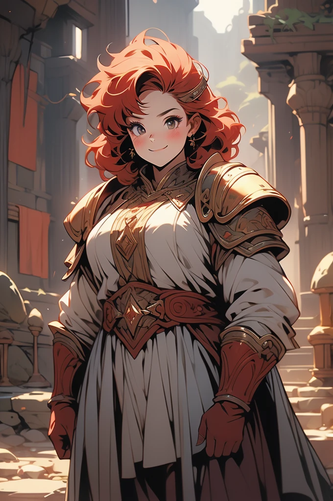 1girl, shortstack, plump, dwarf, looking up at viewer, short red hair, sassy smirk, leather armor, stone floor, darkness, ruins