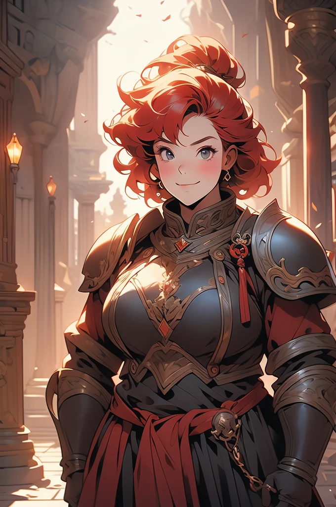 1girl, shortstack, plump, dwarf, looking up at viewer, short red hair, sassy smirk, leather armor, stone floor, darkness, ruins