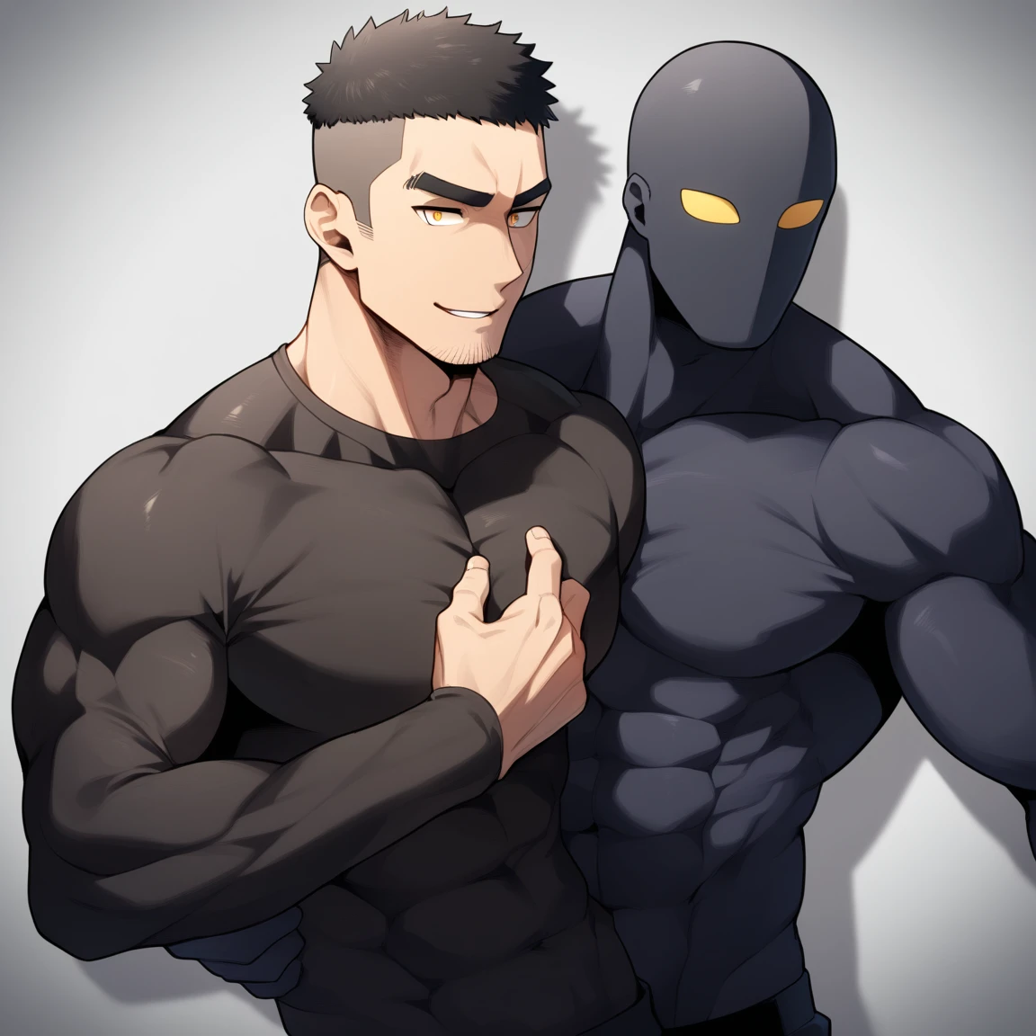 anime characters:Two superheroes in tights, Muscle Sports Student and Muscle No Face No Eyes skinhead superhero, No Face,negro black skin, They hugged and kissed each other, Bite your neck, Caress, Manliness, male focus, Yellow and black high collar long sleeve tight T-shirt, Slightly transparent material, Very tight, Round, full and perky chest muscles, Muscle waist, Slightly transparent, muscular male, muscular, only, Upper body, alone, Black short hair, Thick eyebrows, stubble, Yellow eyes, Grey background, simple background, amazing quality, best aesthetics, Ridiculous, bright pupils, crew cut, parted lips, seductive smile, torogao, naughty face, drop shadow, best quality