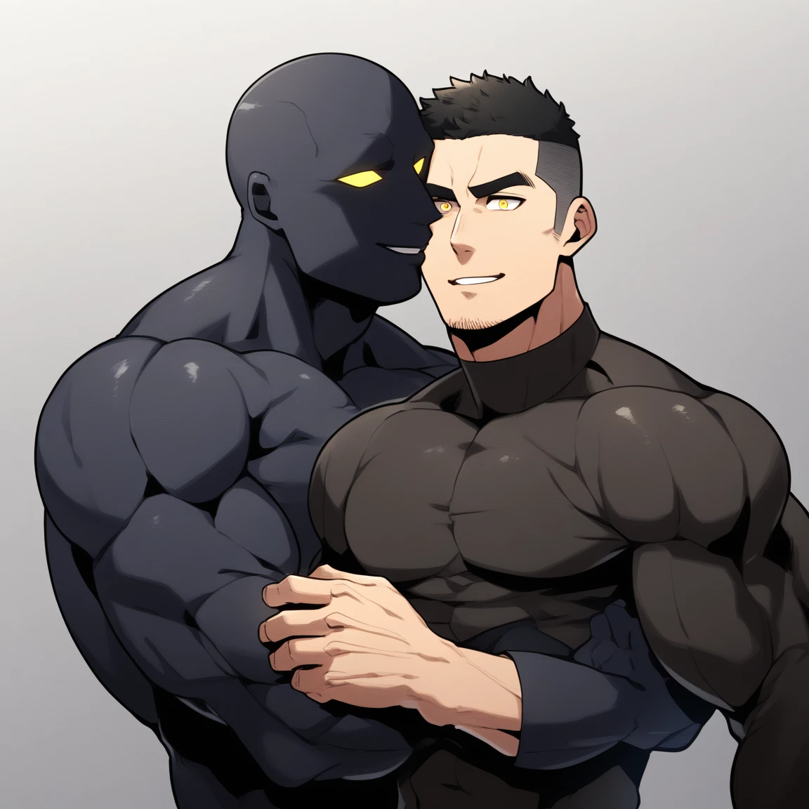 anime characters:Two superheroes in tights, Muscle Sports Student and Muscle No Face No Eyes skinhead superhero, No Face,negro black skin, They hugged and kissed each other, Bite your neck, Caress, Manliness, male focus, Yellow and black high collar long sleeve tight T-shirt, Slightly transparent material, Very tight, Round, full and perky chest muscles, Muscle waist, Slightly transparent, muscular male, muscular, only, Upper body, alone, Black short hair, Thick eyebrows, stubble, Yellow eyes, Grey background, simple background, amazing quality, best aesthetics, Ridiculous, bright pupils, crew cut, parted lips, seductive smile, torogao, naughty face, drop shadow, best quality