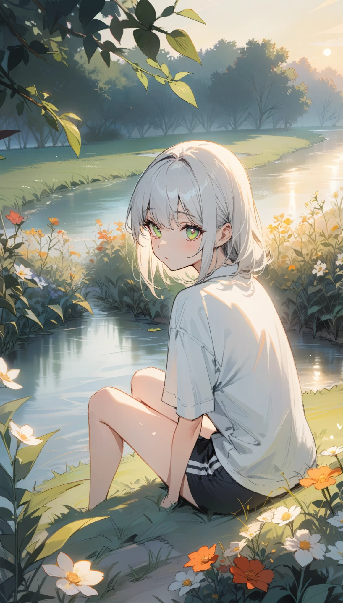 (masterpiece, Top quality), A girl with long white hair sits in a field of green plants and flowers, Warm moonlight, Blurred foreground, Change, River bank, shorts, Strange eyes