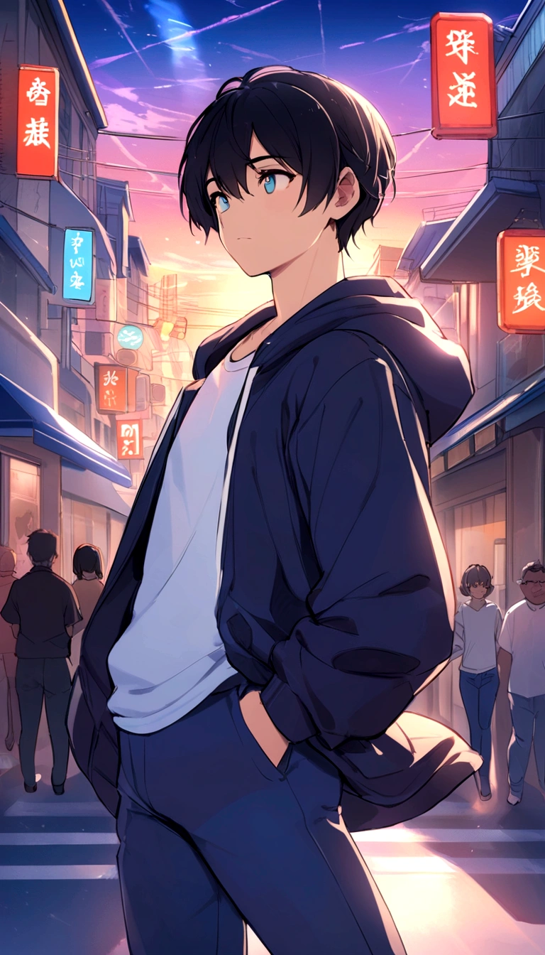 masterpiece、adult、30Generational Uncle、Twink、amount、30 years old、Black-haired、Black jacket、Black trousers、White T-shirt、Put your bangs up、amountを突き出す、Twink、Detailed drawn eyes、Handsome、In the city、Starry Sky、Mysterious Light、Dramatic Light、The power of film、