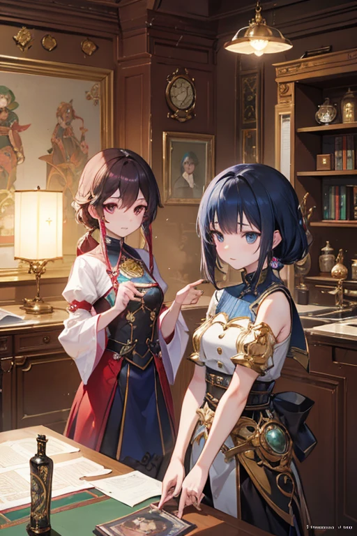 Blend into the background, Two women in a room with a clock and a lamp, wlop and ross tran, Vrop and Andrey Ryabovitchev, Ross Tran and Bayard Wu, Edgar Maxence and Ross Tran, WLOP and Sakimi-chan, Ross Tran and WLOP, Reusch and Ross Tran, WLOP and Ross Slann, Urop and Rosdrose.