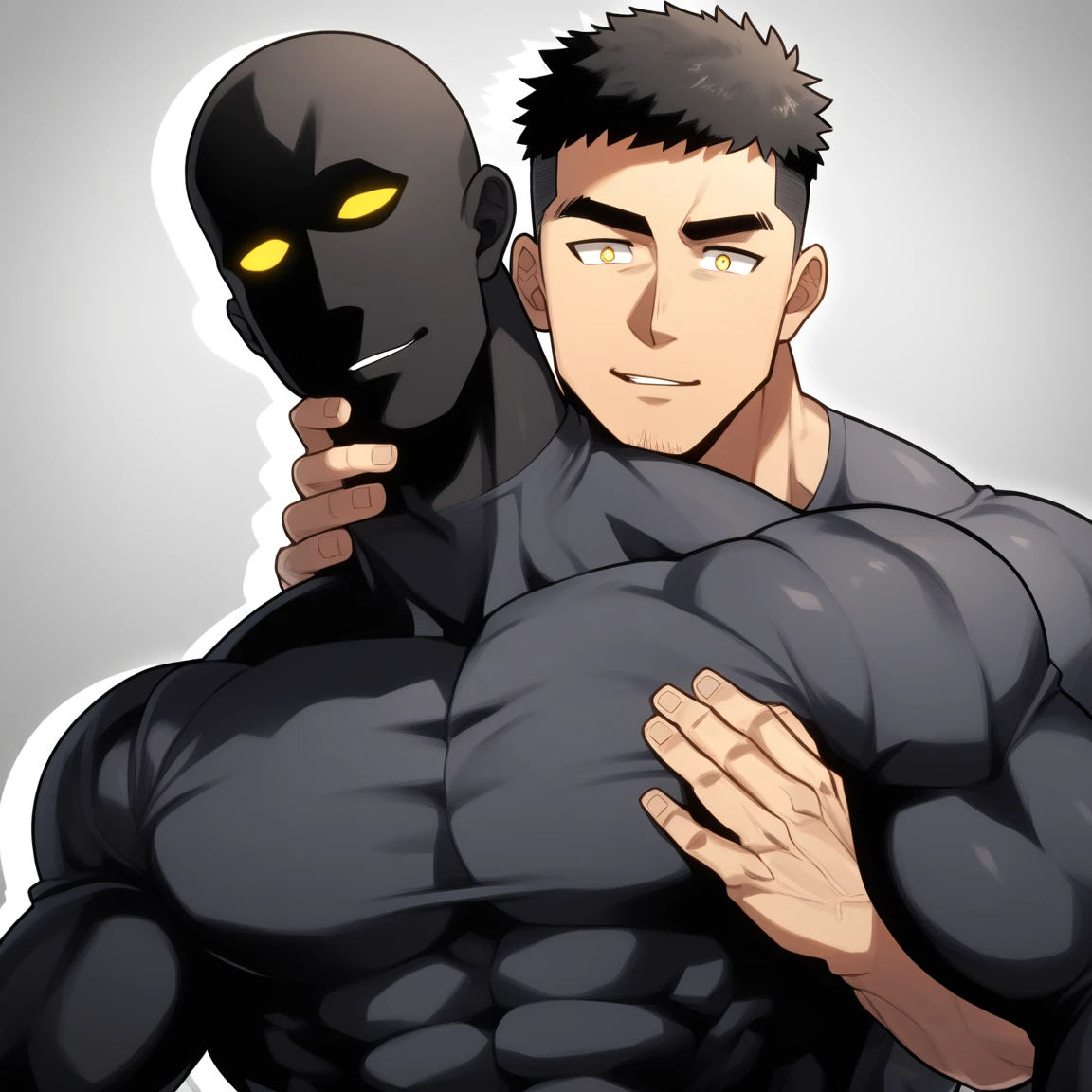 anime characters：Two superheroes in tights, Muscle Sports Student and Muscle No Face No Eyes skinhead superhero, No Face，negro black skin, They hugged and kissed each other, Bite your neck, Caress, Manliness, male focus, Yellow and black high collar long sleeve tight T-shirt, Slightly transparent material, Very tight, Round, full and perky chest muscles, Muscle waist, Slightly transparent, muscular male, muscular, only, Upper body, alone, Black short hair, Thick eyebrows, stubble, Yellow eyes, Grey background, simple background, amazing quality, best aesthetics, Ridiculous, bright pupils, crew cut, parted lips, seductive smile, torogao, naughty face, drop shadow, best quality