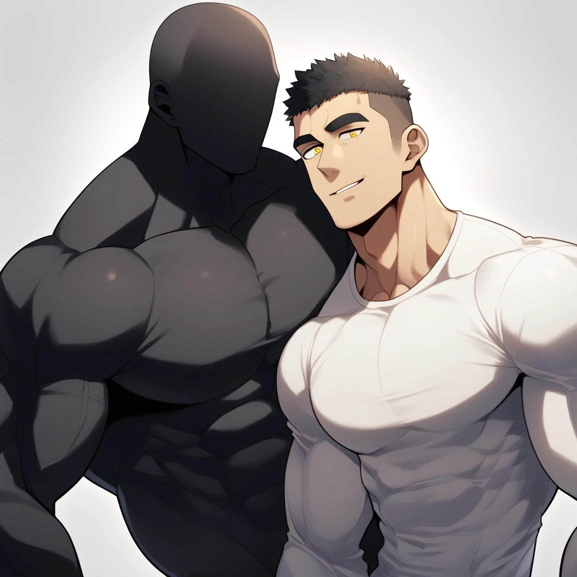 anime characters:Two superheroes in tights, Muscle Sports Student and Muscle No Face No Eyes skinhead superhero, No Face, black skin, They hugged and kissed each other, Bite your neck, Caress, Manliness, male focus, Yellow and black high collar long sleeve tight T-shirt, Slightly transparent material, Very tight, Round, full and perky chest muscles, Muscle waist, Slightly transparent, muscular male, muscular, only, Upper body, alone, Black short hair, Thick eyebrows, stubble, Yellow eyes, Grey background, simple background, amazing quality, best aesthetics, Ridiculous, bright pupils, crew cut, parted lips, seductive smile, torogao, naughty face, drop shadow, best quality