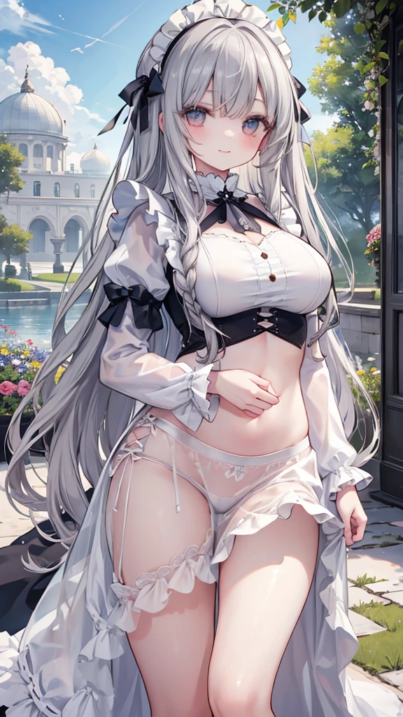 Masterpiece、Highest quality、Super detailed、Fluffy and soft long hair、Gray Hair、Eyes as pretty as flowers、Big Tits、Too big breastaid服、Belly button、Palace Garden、Rose、Maid、Headband、smile！blue sky