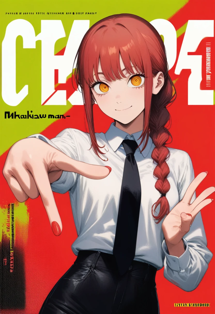 1girl, kotoribako, tatsuki fujimoto, absurdres, official art, absurdres, chainsaw man, makima \(chainsaw man\), 1girl, artist name, black necktie, black pants, braid, braided ponytail, breasts, closed mouth, collared shirt, copyright name, cover, cover page, dress pants, formal, green background, hand gesture, high-waist pants, long hair, long sleeves, looking at viewer, manga cover, medium breasts, multicolored background, nail, necktie, open door, pants, pointing, pointing at viewer, red background, red eyes, red hair, ringed eyes, shirt, sidelocks, smile, solo, upper body, white shirt, yellow eyes, ((very aesthetic, best quality, ultra detailed)), rating:safe, manga, painterly
