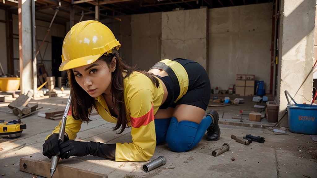 Beautiful  in tight uniform and safety helmet working on a construction site,  hammering nails
