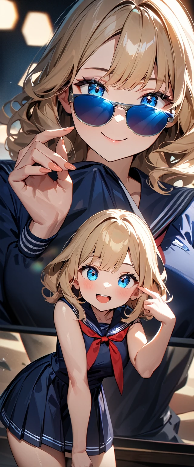 (((One girl))), ((beach)), noon, blond hair, Wavy Hair, bob cut, breasts, from front, (cowboy shot), standard body, (looking at viewer), ((dark blue serafuku out of skirt)), dark blue skirt, ((red ribbon)), ((sunglasses)), hand to sunglasses, teenager, head tilt:1.3, (((blue eye))), ((happy smile)), anime style, (best quality, 4k, 8k, highres, masterpiece:1.2, ultra-detailed, ultra-detailed eyes, HDR, UHD, studio lighting, ultra-fine painting, sharp focus, physically-based rendering, extreme detail description, professional, vivid colors, bokeh), ((Highest quality, Best image quality, Ultra-high resolution, Ultra-high resolution, solo, Strong eye highlights)), Depth of written boundary, Natural soft light, attractive, Beautiful Face, Cleanliness, Pure Face, nedium chest, Beautiful Face, Perfect Fingers, Perfect hands, Perfect body, Perfect Face, Shine a light into your eyes, Perfect Anatomy