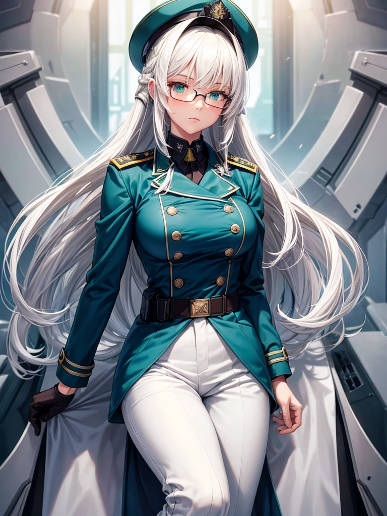 masterpiece, best quality, beautiful girl, white hair with green color inner, green eyes color, blue military uniform, mature_female, eyes glasses , white gloves, anime, blue military hat, very_long_hair, perfect body, red ribbon, commander, science_fiction, black knee-high boots, white pants, cowboy_shot , large_breasts, ultra-detailed, high quality, modern military uniform, sci-fi, dark blue Trench Coat, 1girl, 4k, military base ,perfect hands