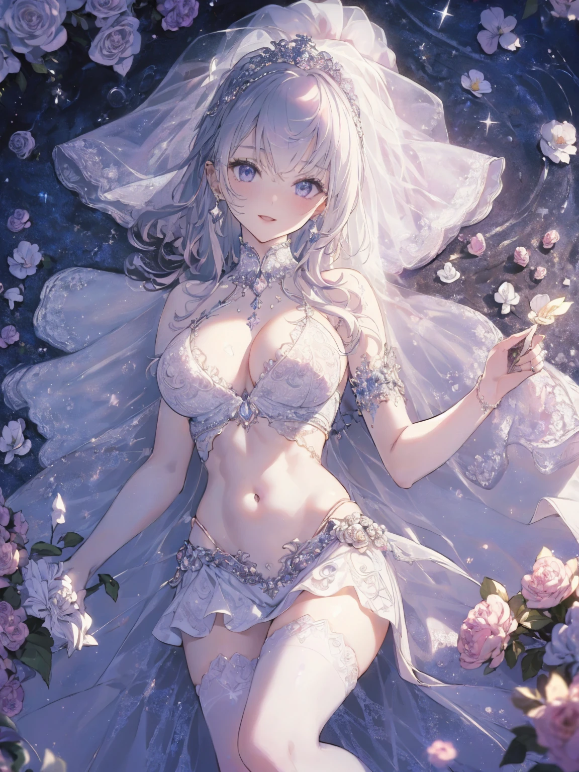(wedding photo:1.1, in white garden:1.5), Masterpiece, best quality, (very detailed CG unity 8k wallpaper), (best quality), High definition RAW color art, Animation,sculptures, (pink Marble Skin), (((Ultra detailed elegant))), Magical atmosphere, Detailed skin, Texture,(Intricately detailed, Fine detail, ultra-detail art), depth of fields, bokeh, Silky Touch, Hyper Detail, beautiful eyes, Elegant Face, (posing on marble floor), sparkle background, enormous breast:1.3, witchcraft outfit, (silver hair), pastel purple, abs, muscle, smiley, wide open udder