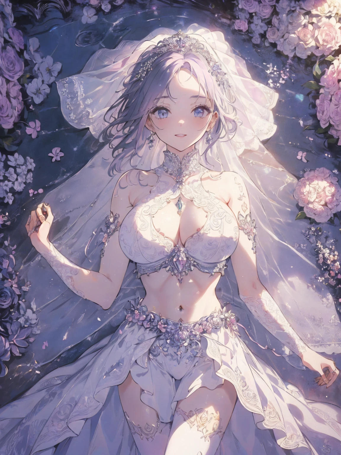 (wedding photo:1.1, in white garden:1.5), Masterpiece, best quality, (very detailed CG unity 8k wallpaper), (best quality), High definition RAW color art, Animation,sculptures, (pink Marble Skin), (((Ultra detailed elegant))), Magical atmosphere, Detailed skin, Texture,(Intricately detailed, Fine detail, ultra-detail art), depth of fields, bokeh, Silky Touch, Hyper Detail, beautiful eyes, Elegant Face, (posing on marble floor), sparkle background, enormous breast:1.3, witchcraft outfit, (silver hair), pastel purple, abs, muscle, smiley, wide open udder