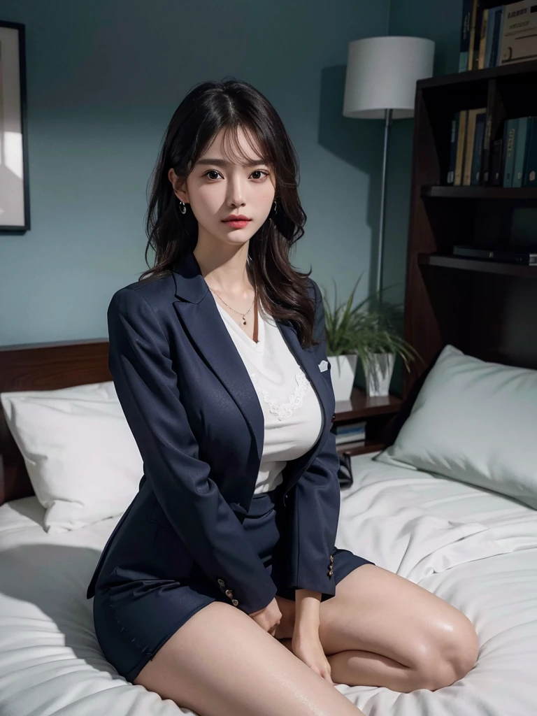 absurdres, RAW photo, extremely delicate and beautiful, masterpiece, Best Quality, ultra high resolution, 16k, hyperrealistic, ultra-detailed, perfect anatomy, super Detailed skin, perfect figure, Very detailed CG 8k wallpaper, in her 20s, very Slim body, narrow waist, very small head, very small face, delicate facial features, tearful mole, earring, thin legs, ((very huge round breasts)), full body shot, 1 girls, shorter middle hair, wavy hair, ((office lady suit)), blazer, wet, bed,