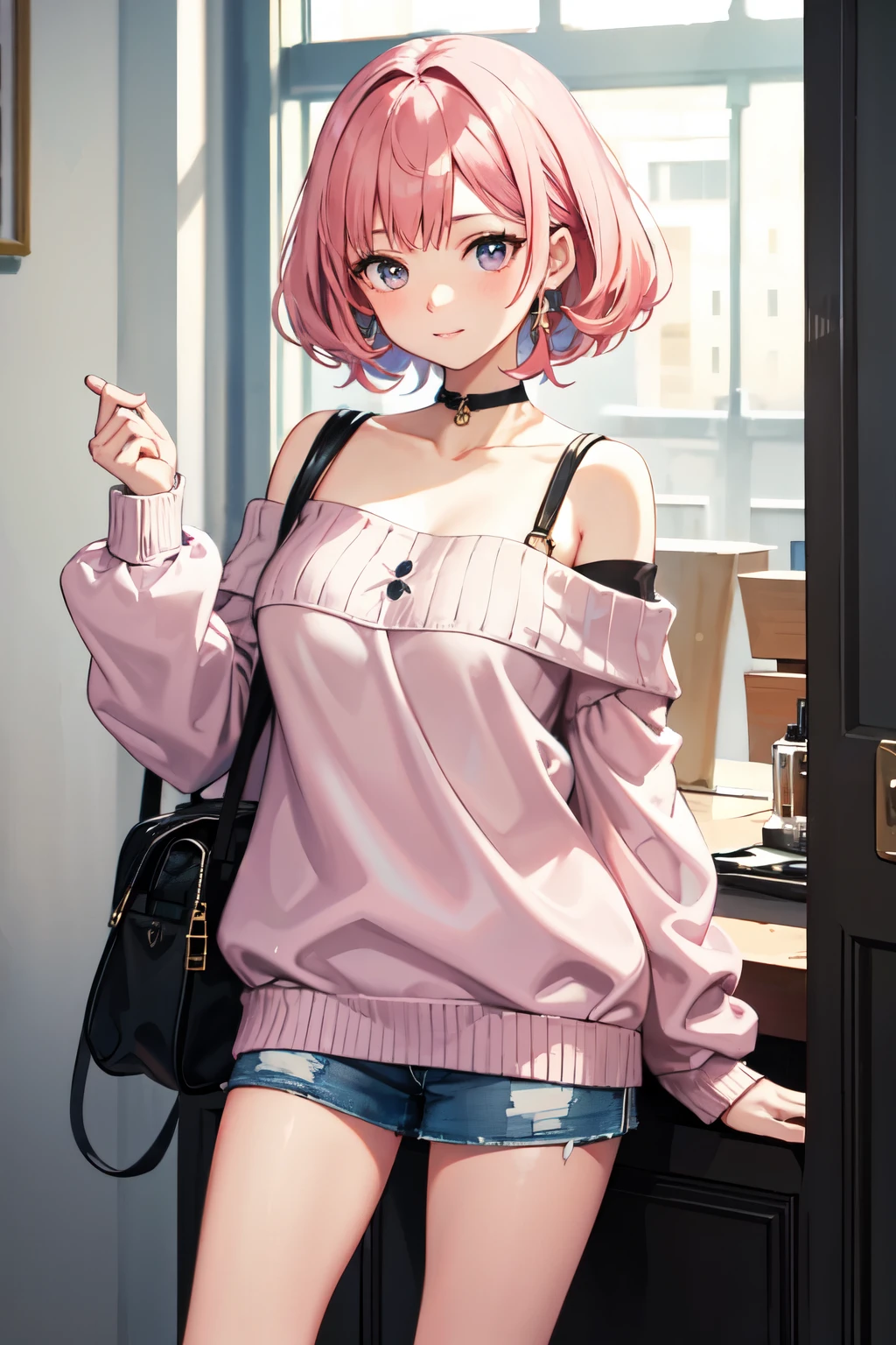 ((Highest quality)), ((masterpiece)), (detailed), One girl, Off-the-shoulder sweater,Female college student,Pink hair long