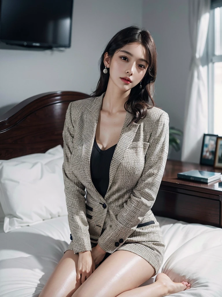 absurdres, RAW photo, extremely delicate and beautiful, masterpiece, Best Quality, ultra high resolution, 16k, hyperrealistic, ultra-detailed, perfect anatomy, super Detailed skin, perfect figure, Very detailed CG 8k wallpaper, in her 20s, very Slim body, narrow waist, very small head, very small face, delicate facial features, tearful mole, earring, thin legs, ((very huge round breasts)), full body shot, 1 girls, shorter middle hair, wavy hair, ((office lady suit)), blazer, wet, bed,