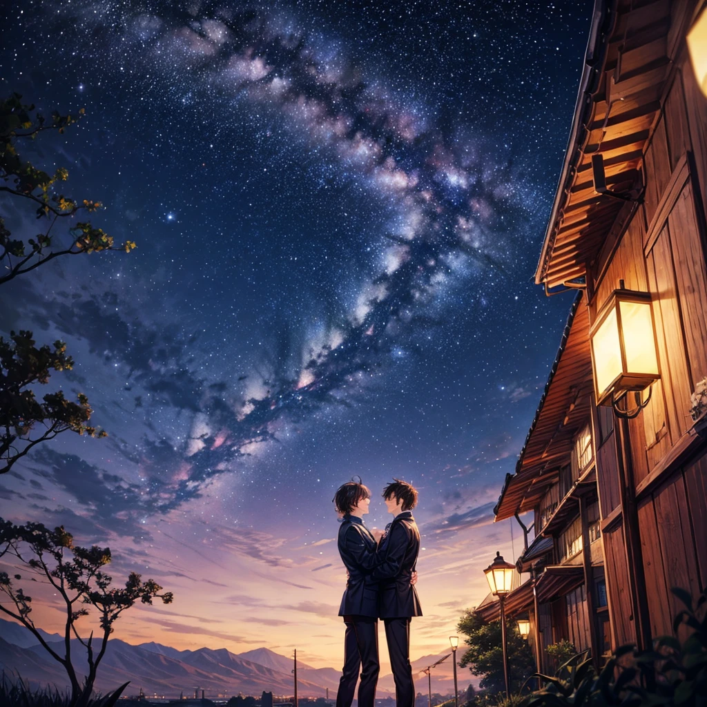 Beautiful starry sky、night、Riverbank、Back view of two men、