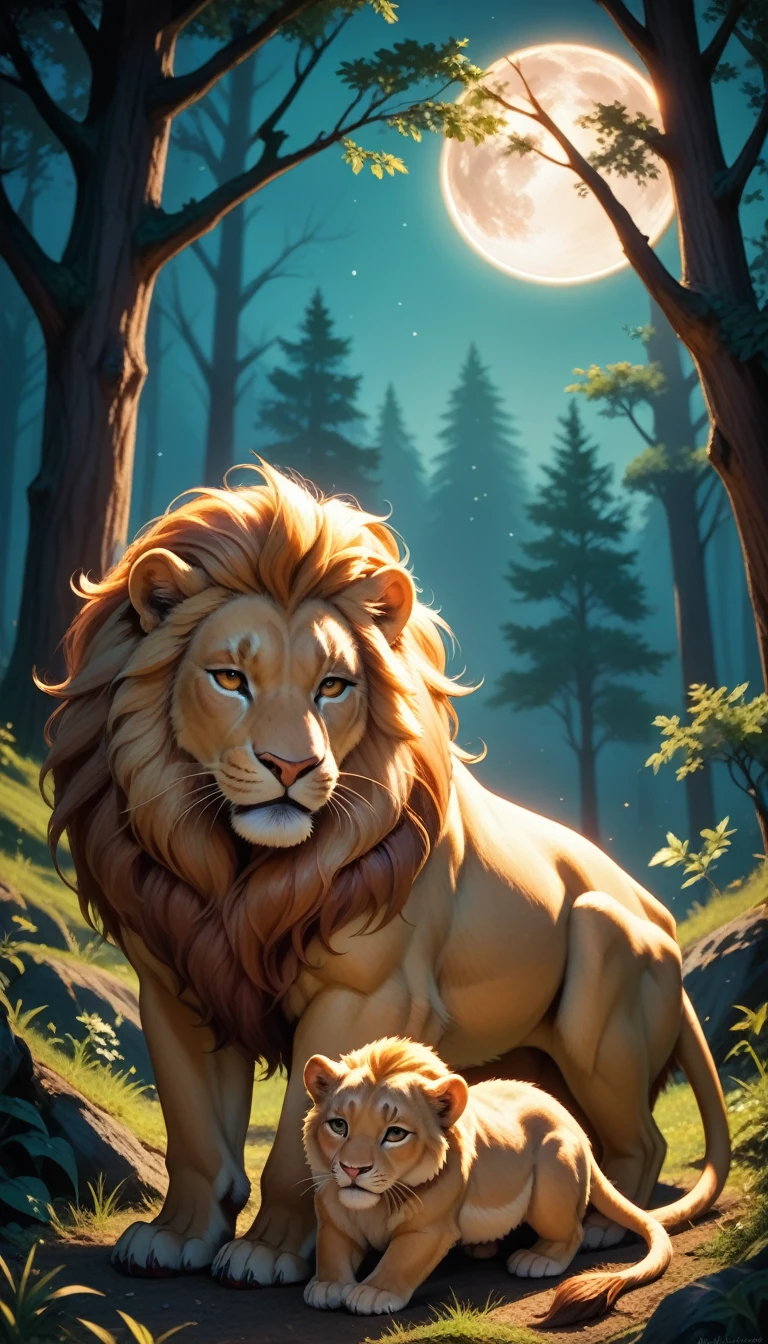 A majestic lion cub, adorable forest animals, full moon, dreaming together, ultra-detailed, 8k, photorealistic, dramatic lighting, vibrant colors, fantasy art, whimsical, magical realism