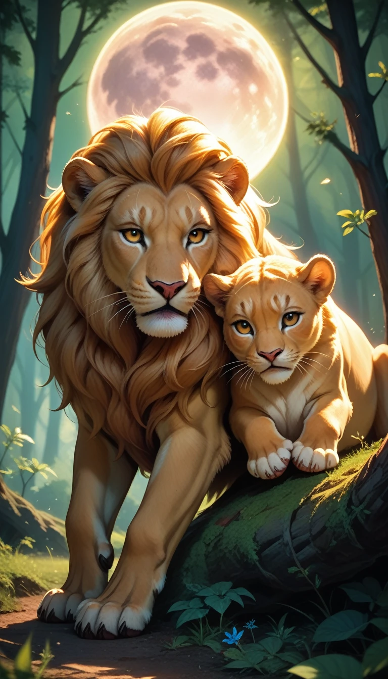 A majestic lion cub, adorable forest animals, full moon, dreaming together, ultra-detailed, 8k, photorealistic, dramatic lighting, vibrant colors, fantasy art, whimsical, magical realism