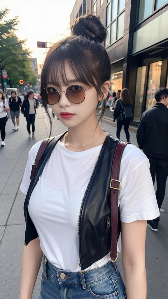 (masterpiece:1.2, Highest quality), 1 Female, alone, Upper Body, Big Breasts, A chic and edgy leather jacket、Style it with a classic white tee and distressed jeans.。With minimal makeup and a loose bun、Creates confidence and ease。 (Music festivals and trendy downtown districts) Eye-catching sunglasses and chunky jewelry, Comes with a convenient crossbody bag